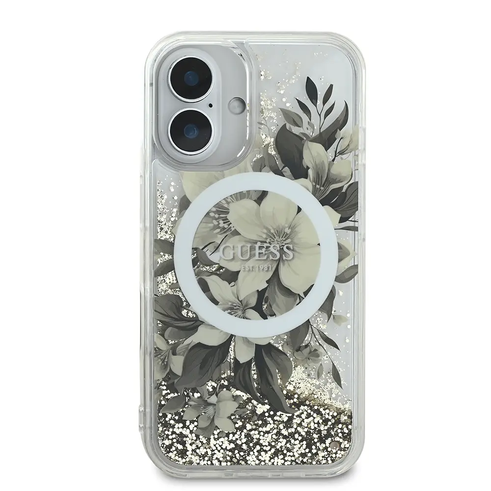 iPhone 16 Plus MagSafe Uyumlu Simli Çiçek Desenli Kılıf - Guess