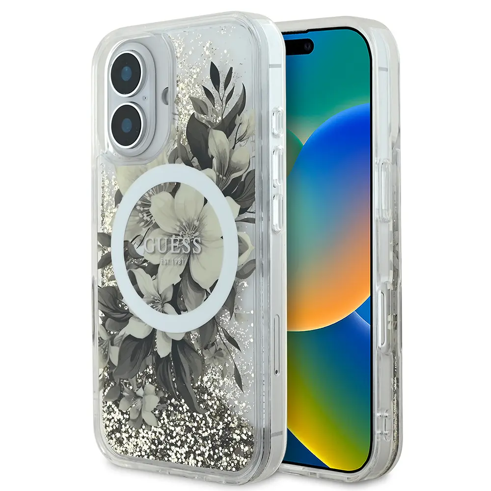 iPhone 16 Plus MagSafe Uyumlu Simli Çiçek Desenli Kılıf - Guess