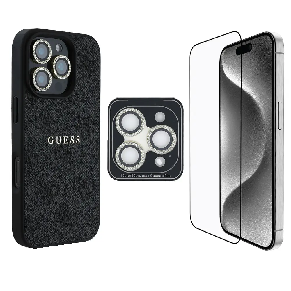 iPhone 16 Pro 3'ü 1 Arada Kılıf, Ekran ve Lens Koruyucu Seti - Guess