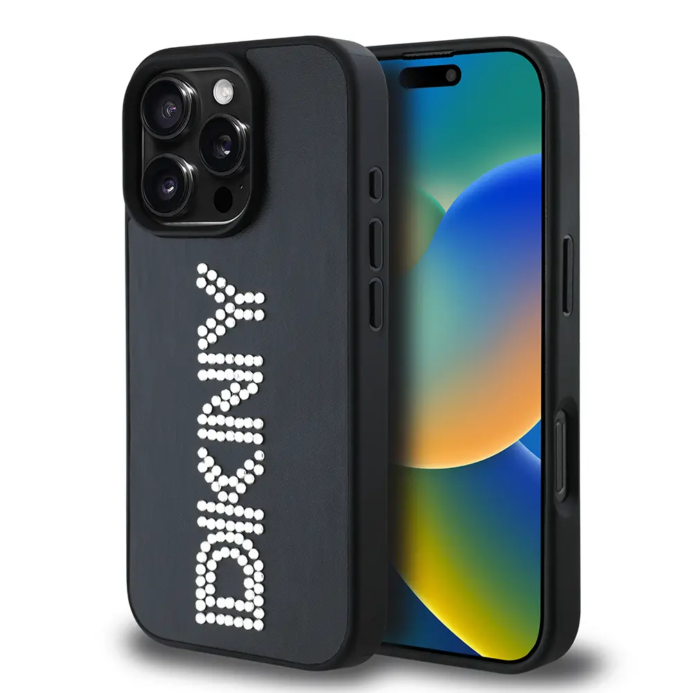 iPhone 16 Pro Taşlı Metalik PU Deri Kılıf - DKNY Lisanslı