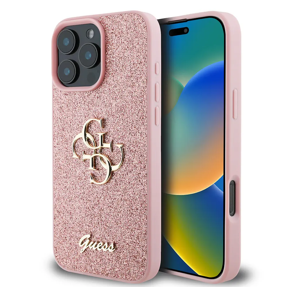 iPhone 16 Pro Kılıf, 4G Büyük Metal Logolu Glitter Kapak - Guess
