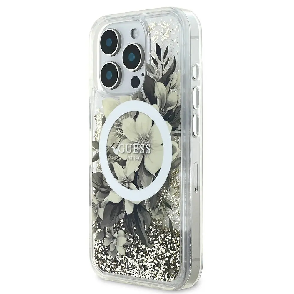 iPhone 16 Pro MagSafe Uyumlu Simli Çiçek Desenli Kılıf - Guess