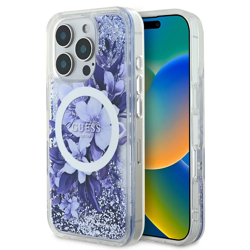 iPhone 16 Pro MagSafe Uyumlu Simli Çiçek Desenli Kılıf - Guess
