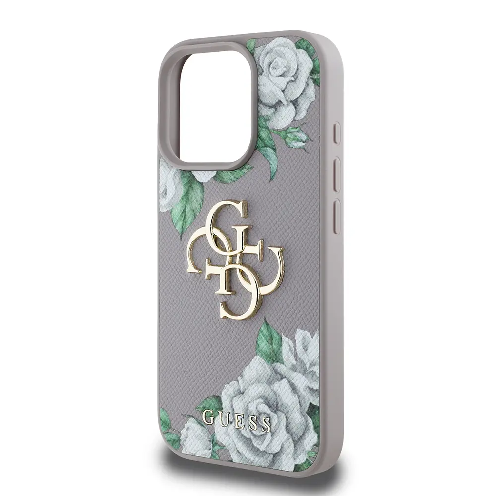 iPhone 16 Pro Gül Baskılı Metal Logo Kılıf - Guess Lisanslı