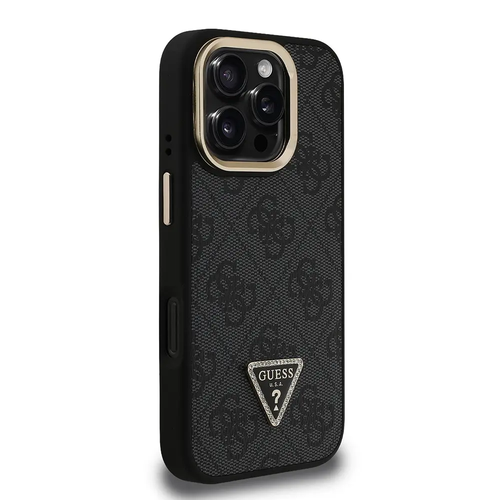 iPhone 16 Pro Kamera Standlı Taşlı Kılıf - Guess Lisanslı PU Deri