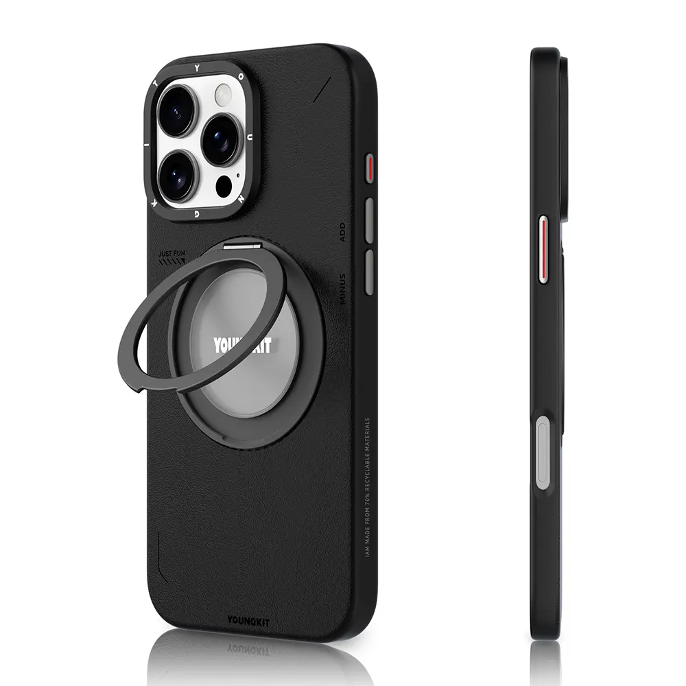 iPhone 16 Pro MagSafe Uyumlu 360° Standlı Mat Deri Kılıf - Youngkit Tech Leather