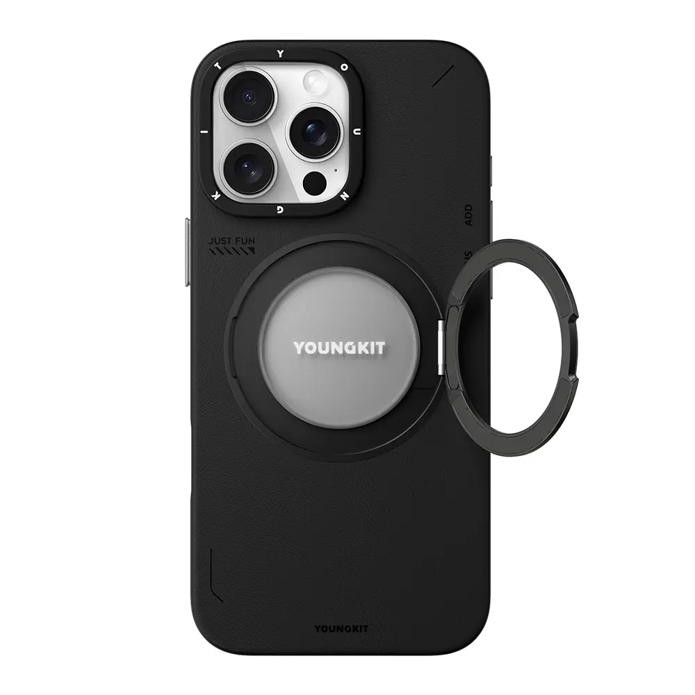 iPhone 16 Pro MagSafe Uyumlu 360° Standlı Mat Deri Kılıf - Youngkit Tech Leather