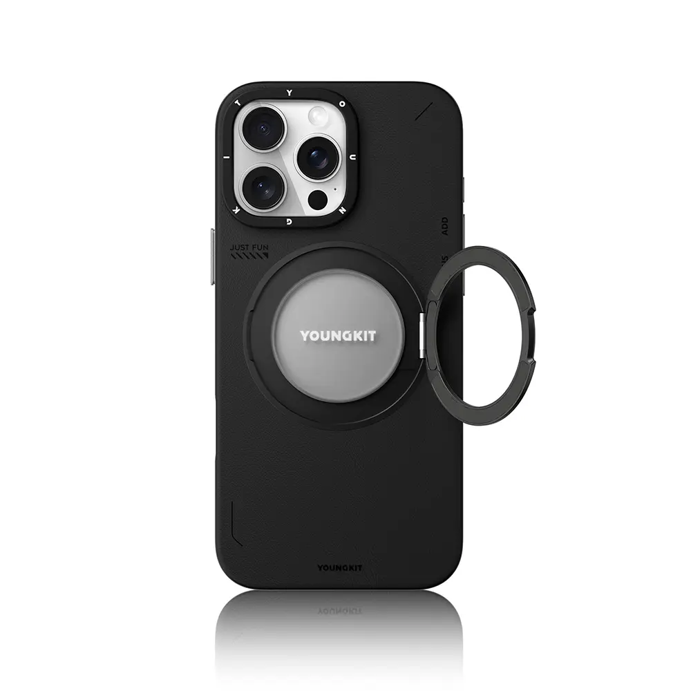 iPhone 16 Pro MagSafe Uyumlu 360° Standlı Mat Deri Kılıf - Youngkit Tech Leather