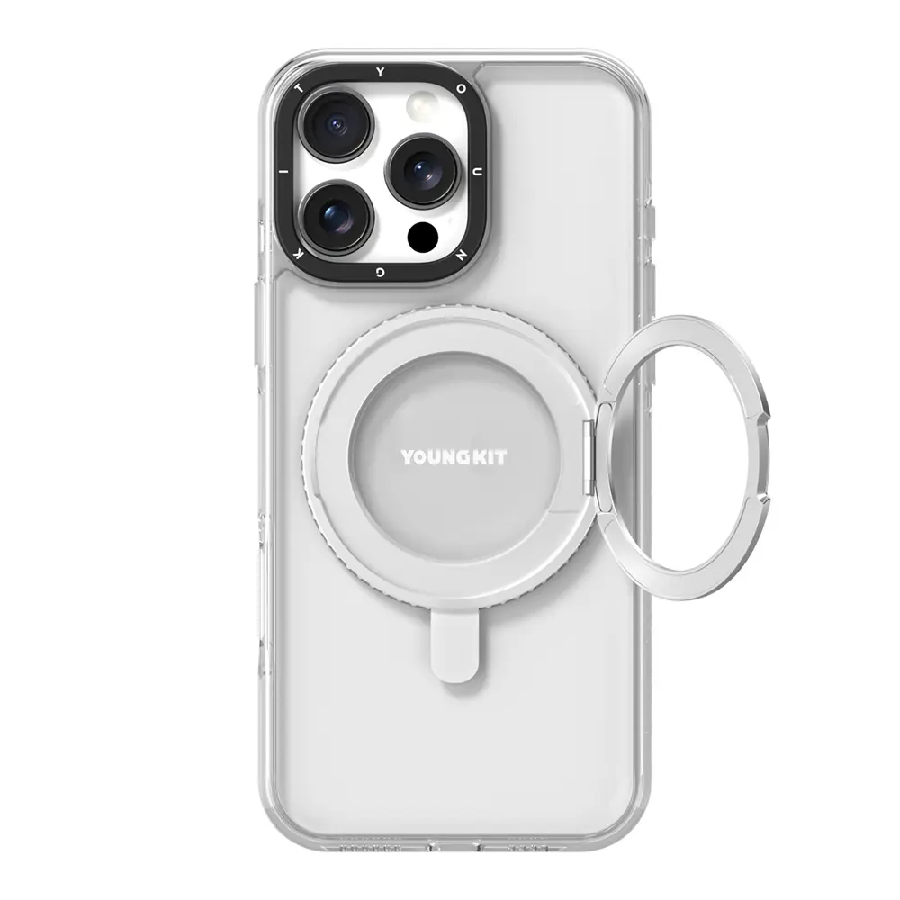 iPhone 16 Pro MagSafe Uyumlu Şeffaf Kılıf, 360° Parmak Ring Standlı - Youngkit Pivot