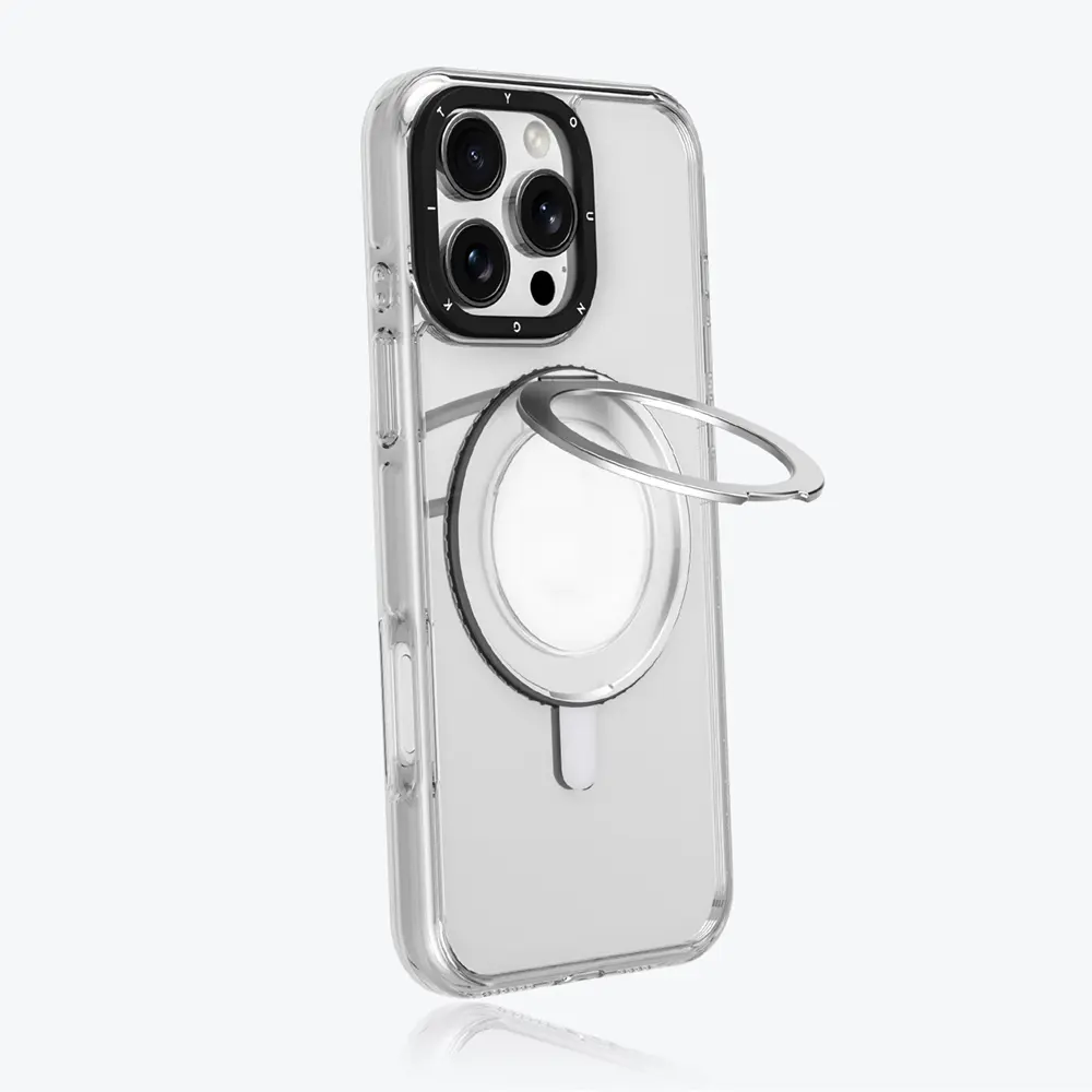 iPhone 16 Pro MagSafe Uyumlu Şeffaf Kılıf, 360° Parmak Ring Standlı - Youngkit Pivot