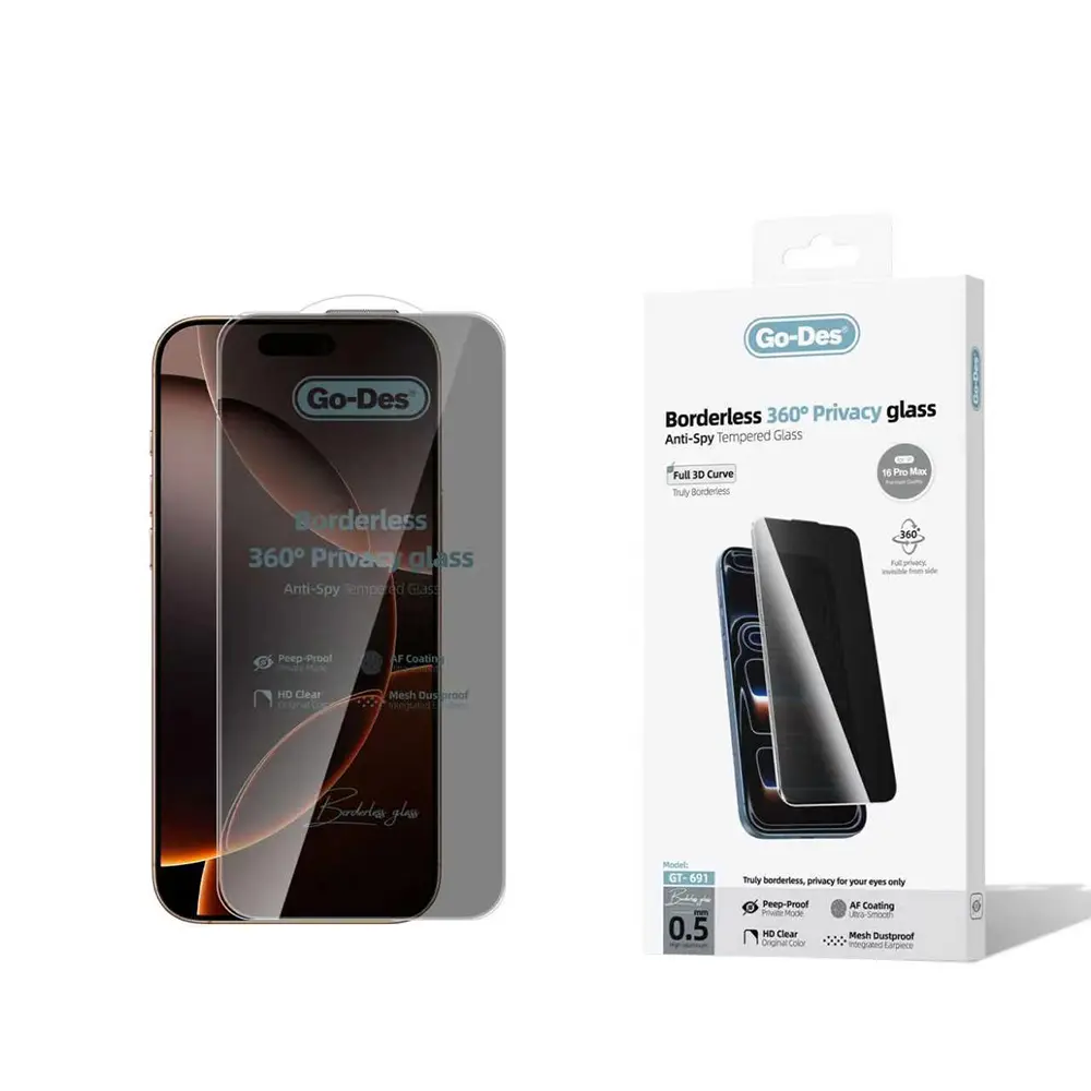 iPhone 16 Pro Max Gizlilik Filtreli Temperli Cam Ekran Koruyucu - Go Des AF Borderless