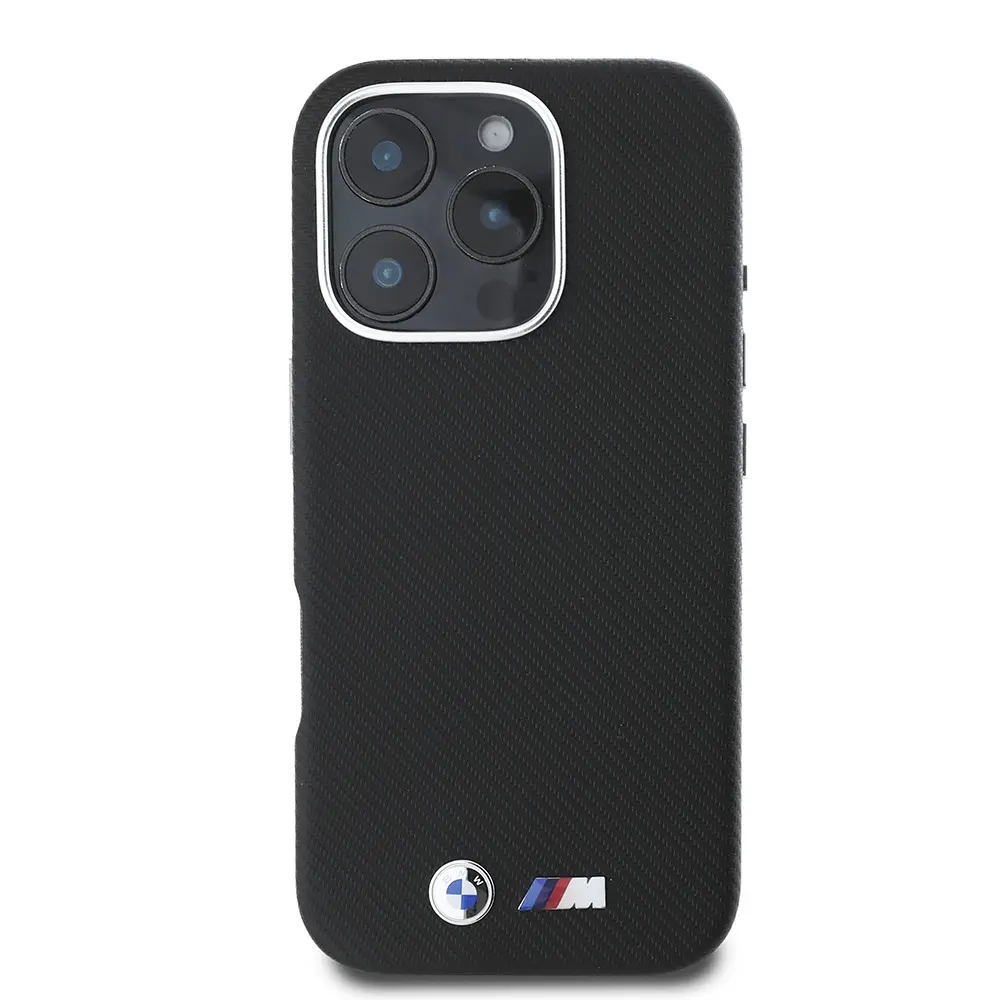 iPhone 16 Pro Max Kılıf, Karbon Tasarımlı Suni Deri Kapak - BMW Lisanslı