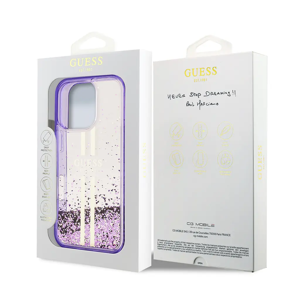 iPhone 16 Pro Max Transparan Sıvılı Simli Altın Çizgili Kılıf - Guess