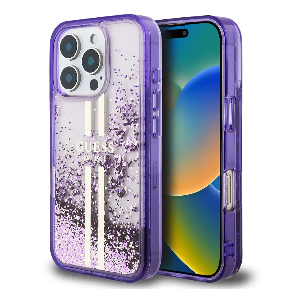 iPhone 16 Pro Max Transparan Sıvılı Simli Altın Çizgili Kılıf - Guess