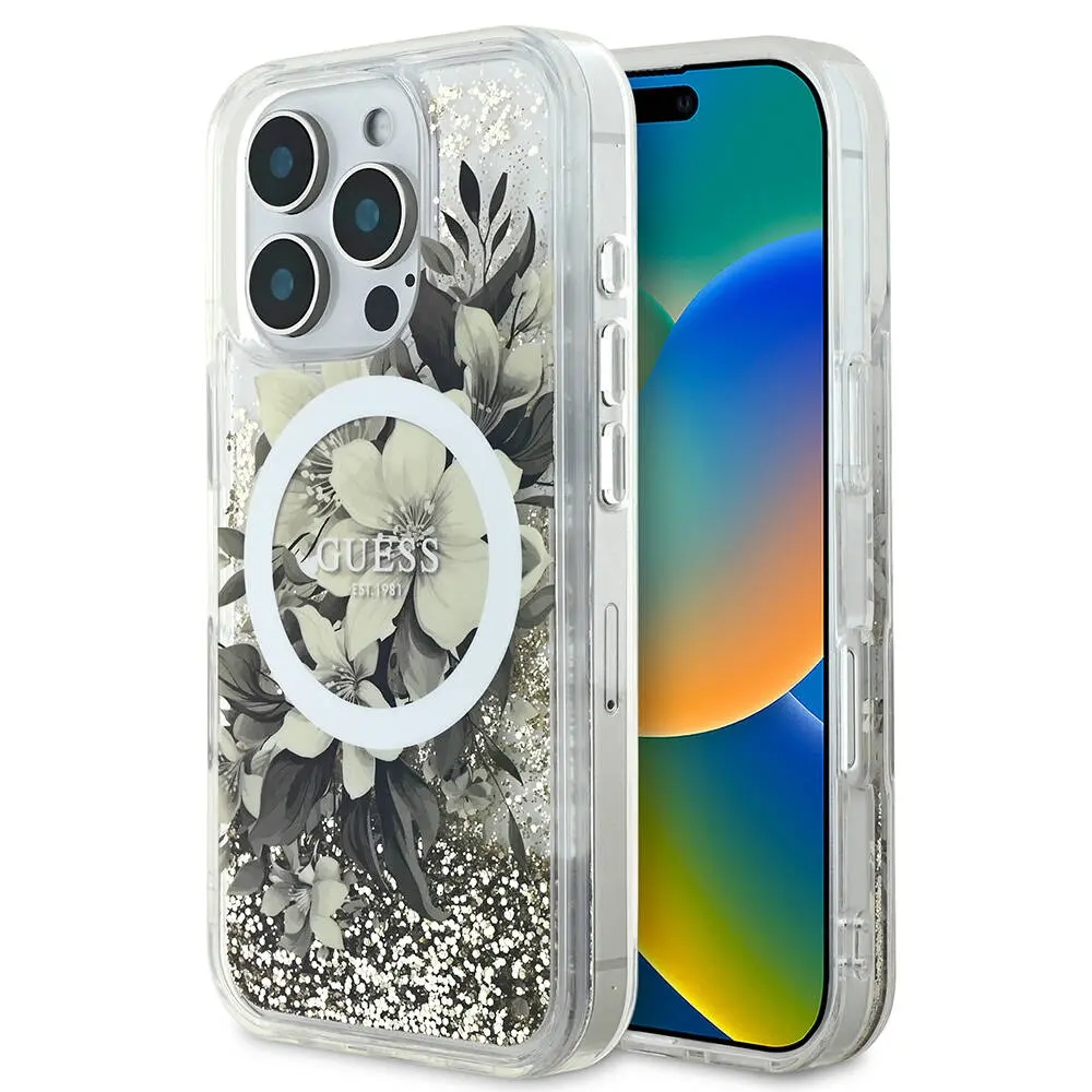 iPhone 16 Pro Max MagSafe Uyumlu Simli Çiçek Desenli Kılıf - Guess
