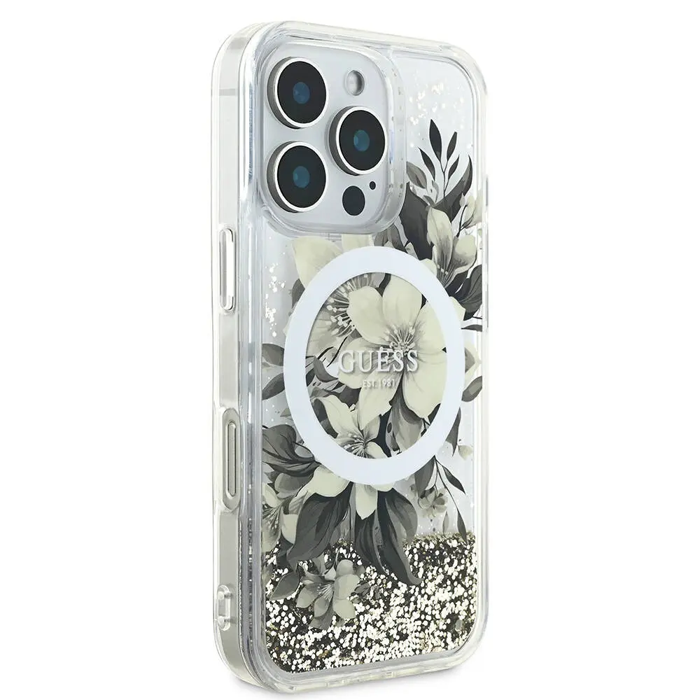iPhone 16 Pro Max MagSafe Uyumlu Simli Çiçek Desenli Kılıf - Guess