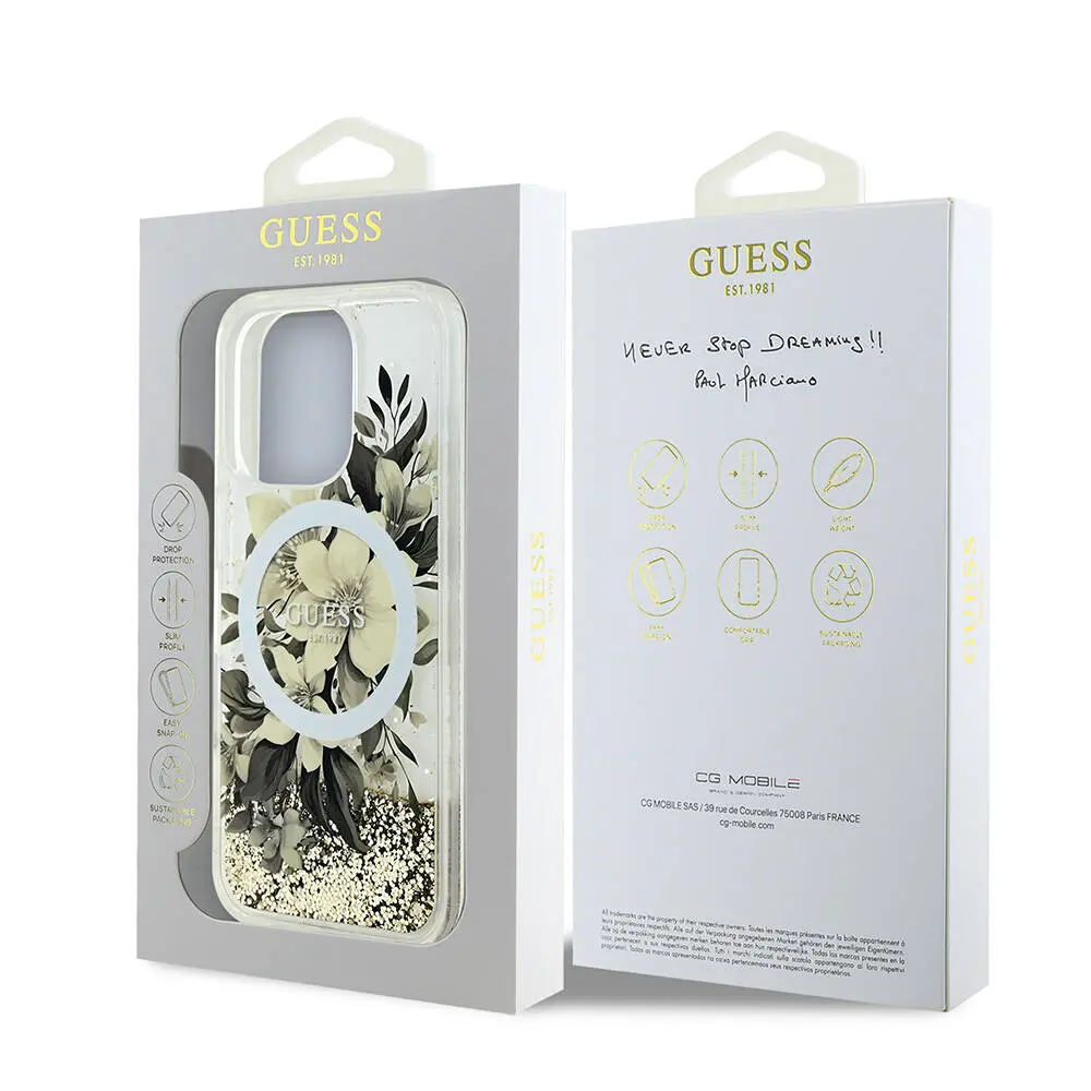 iPhone 16 Pro Max MagSafe Uyumlu Simli Çiçek Desenli Kılıf - Guess