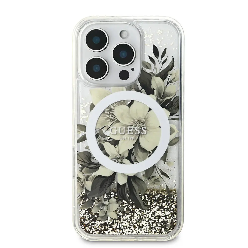 iPhone 16 Pro Max MagSafe Uyumlu Simli Çiçek Desenli Kılıf - Guess