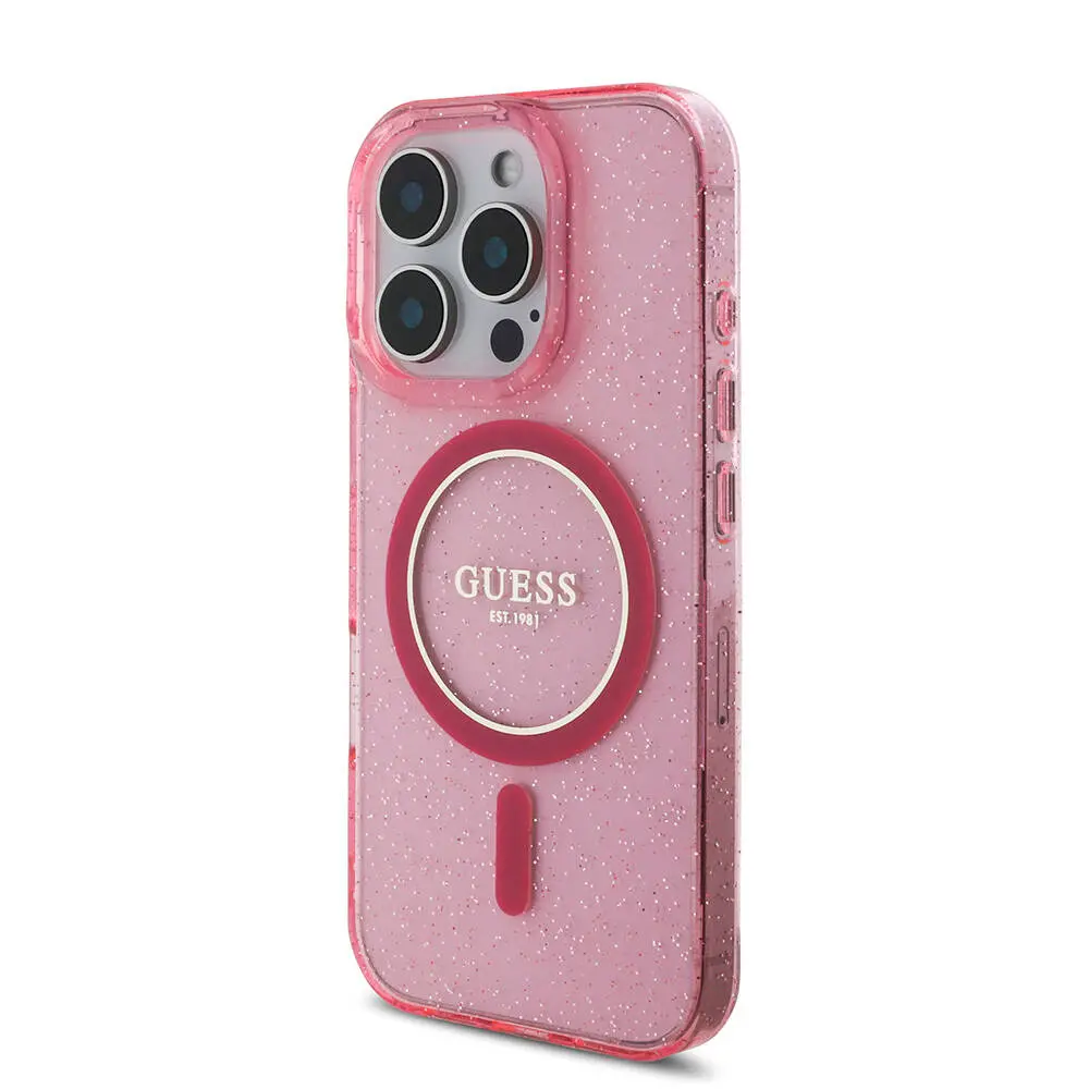 iPhone 16 Pro Max MagSafe Uyumlu Simli Silikon Kılıf - Guess İnci Bileklikli