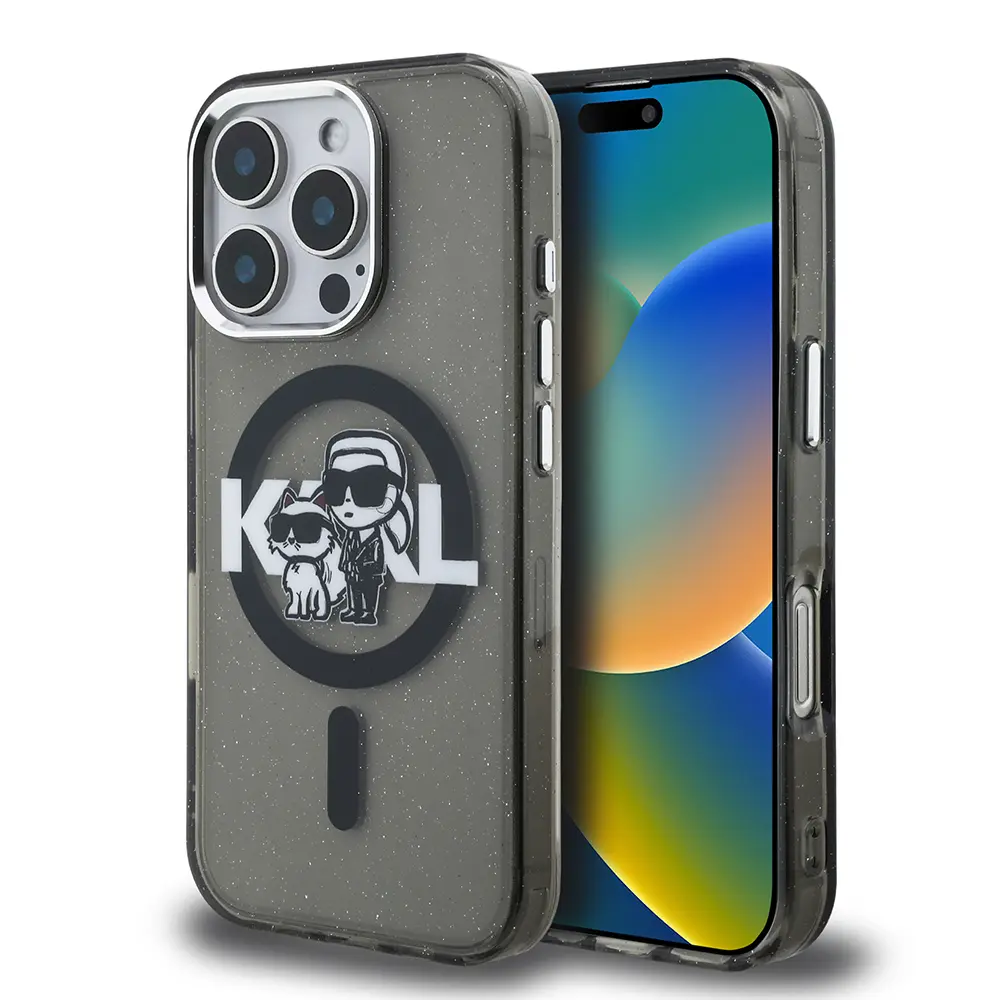 iPhone 16 Pro Max Kılıf, Parlayan Simli Karl & Choupette Logo - Karl Lagerfeld