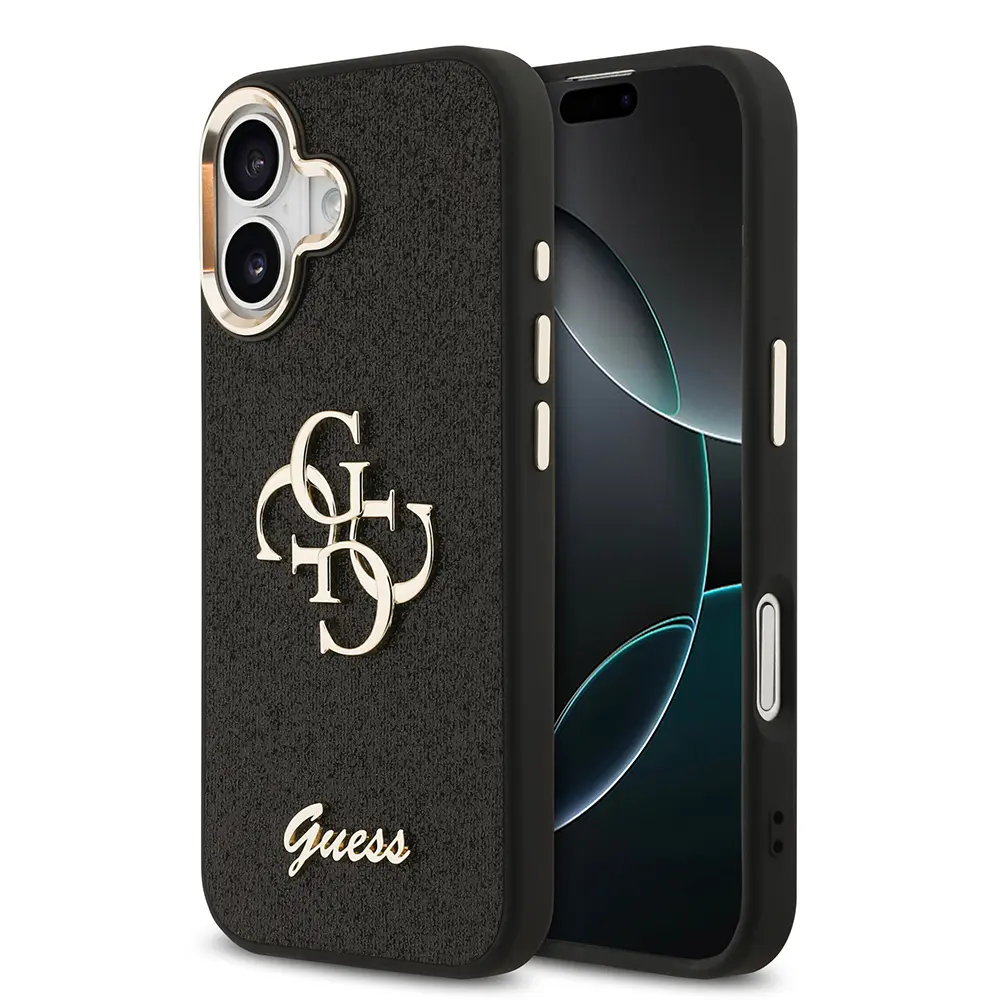 iPhone 17 Glitter Kapak, Büyük Metal Kamera Çerçeveli - Guess 4G Logolu