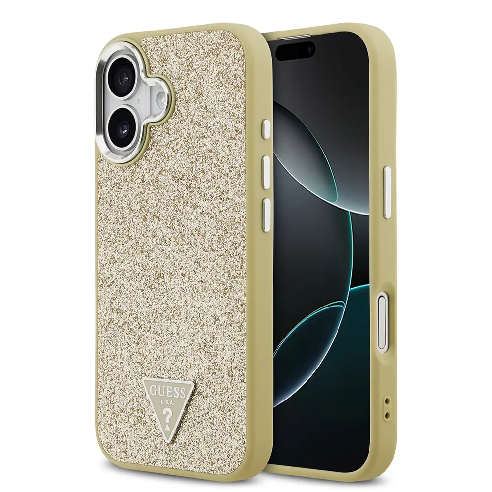 iPhone 17 MagSafe Uyumlu Metal Kamera Çerçeveli Glitter Kılıf - Guess Üçgen Logo