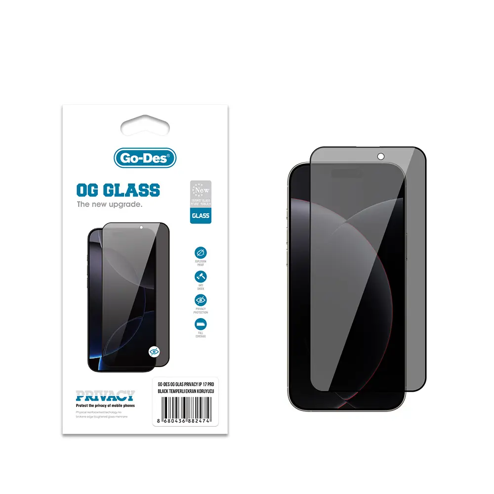 iPhone 17 Pro Gizlilik Filtreli Antistatik Temperli Cam Ekran Koruyucu - Go Des OG Glass Privacy