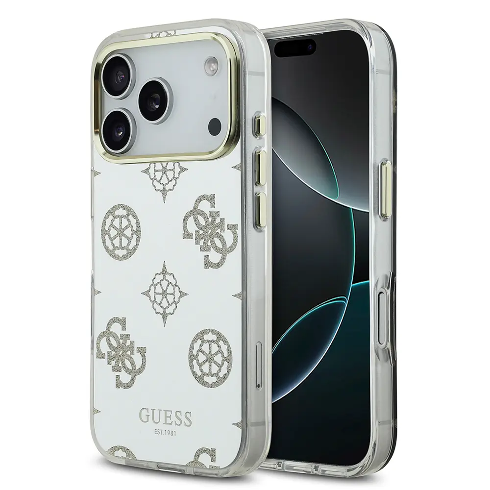 iPhone 17 Pro Simli Aynalı Metal Kamera Çerçeveli Kılıf - Guess Lisanslı
