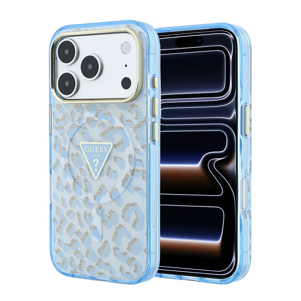 iPhone 18 Pro MagSafe Uyumlu Simli Leopar Desenli Kılıf - Guess