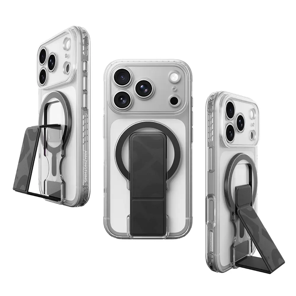 iPhone 18 Pro MagSafe Uyumlu Şeffaf Kılıf, Çıkarılabilir Grip Standlı - Amazingthing Titan Pro Grip Stand