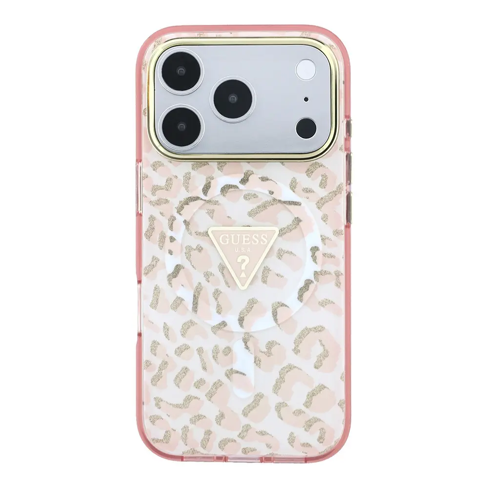 iPhone 18 Pro Max MagSafe Uyumlu Simli Leopar Desenli Kılıf - Guess