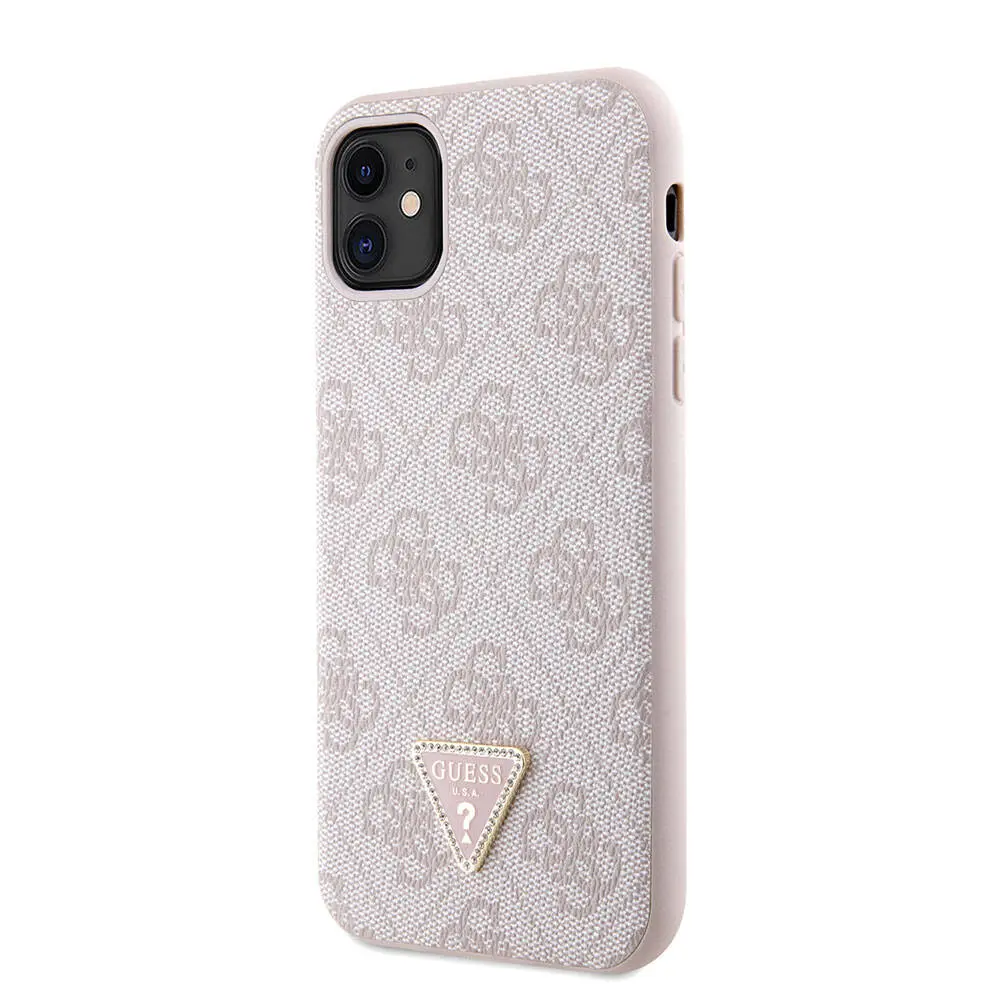 iPhone 11 Kılıf Guess Lisanslı PU Deri Taşlı Üçgen Logo 4G Desenli