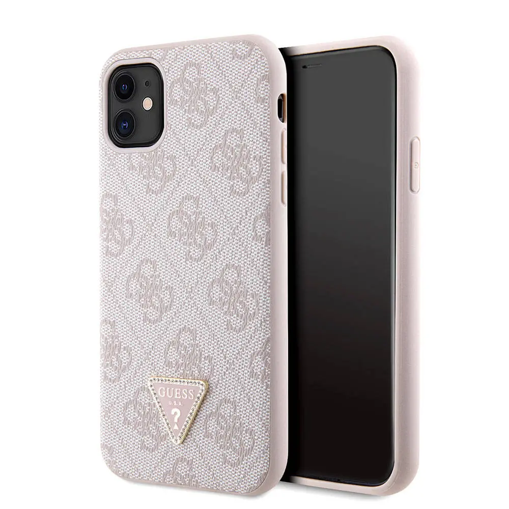 iPhone 11 Kılıf Guess Lisanslı PU Deri Taşlı Üçgen Logo 4G Desenli