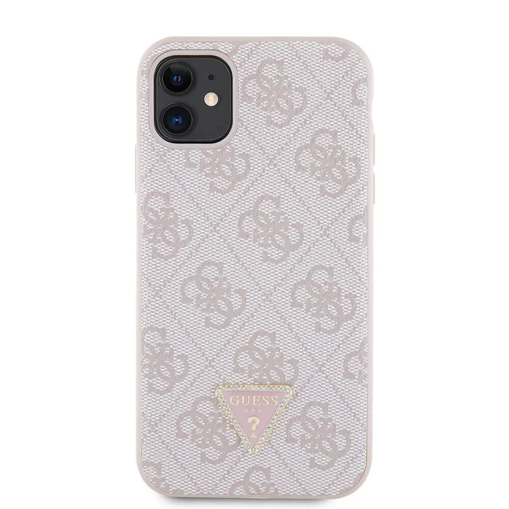 iPhone 11 Kılıf Guess Lisanslı PU Deri Taşlı Üçgen Logo 4G Desenli