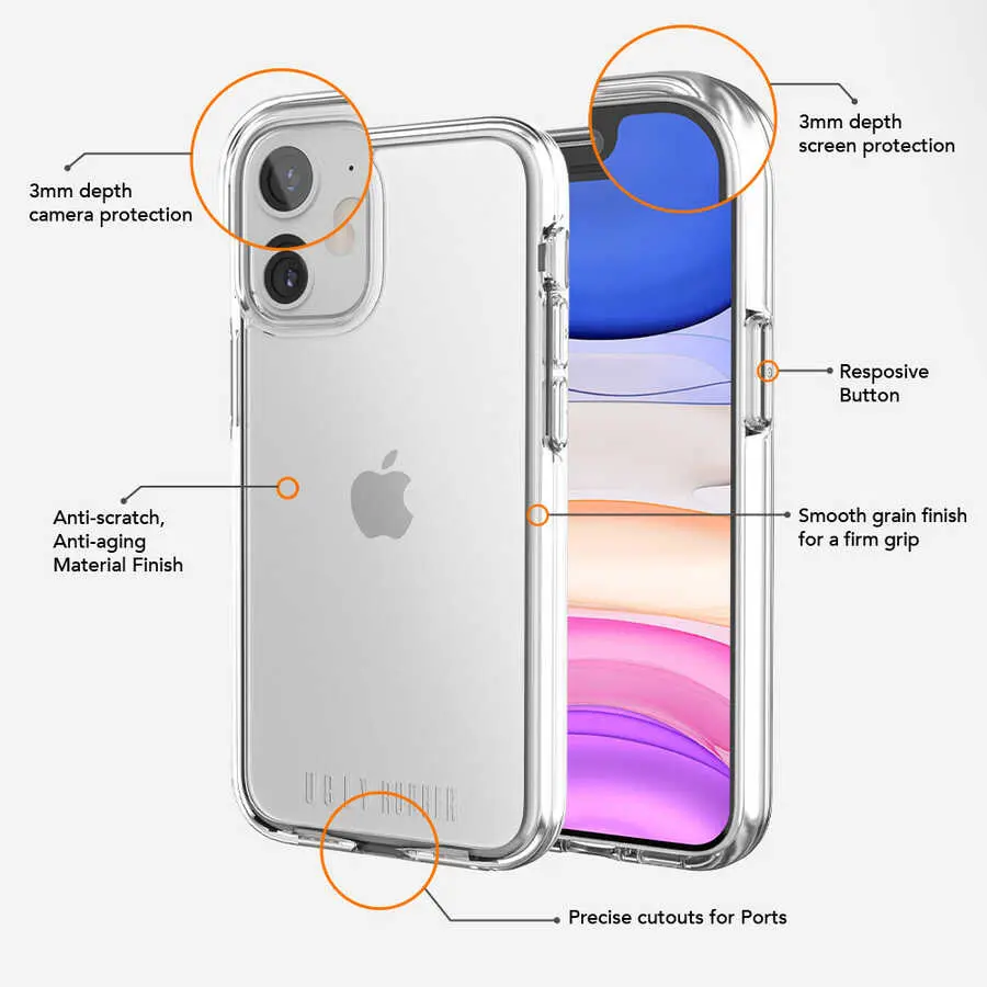 iPhone 12 Mini Şeffaf Kılıf, Sert PC ve TPU Tampon - Ugly Rubber Pure
