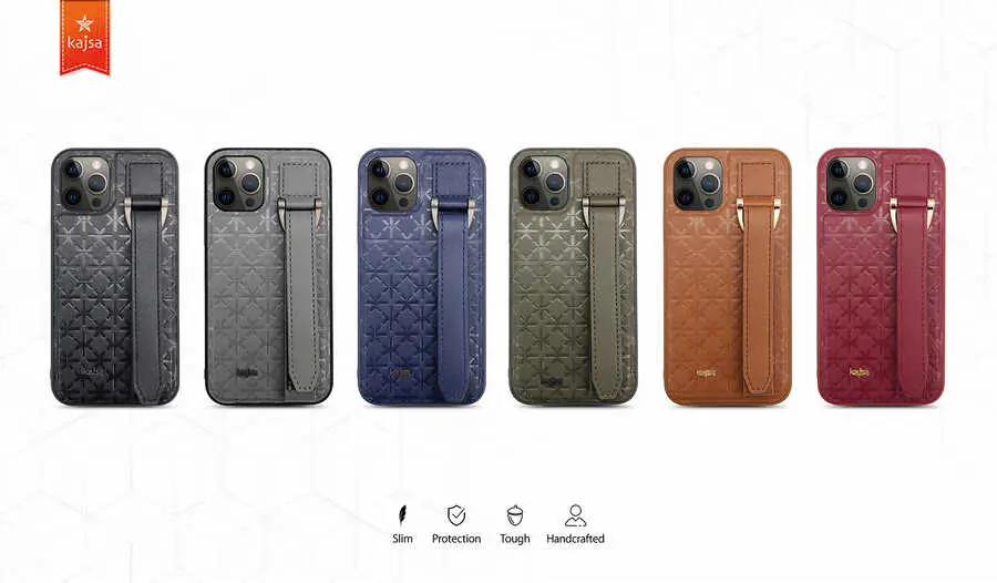 iPhone 12 Pro Max Deri Desenli Kılıf, Tutucu Bantlı - Kajsa Neo Clasic Mono K Strap