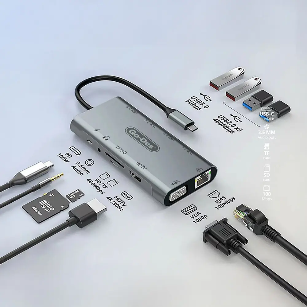 Go Des GD-6907 11'i 1 Arada Type-C Hub, HDMI, VGA, RJ45 ve 100W PD