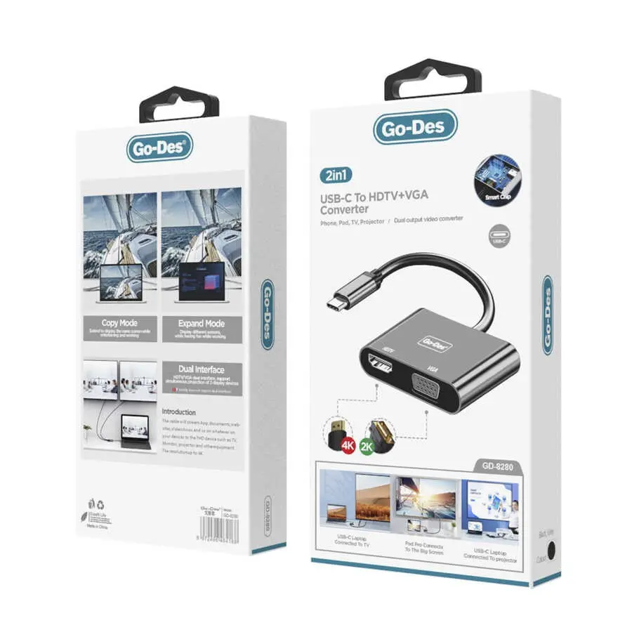 Go Des GD-8280 Type-C to HDMI + VGA Dönüştürücü, 4K Destekli