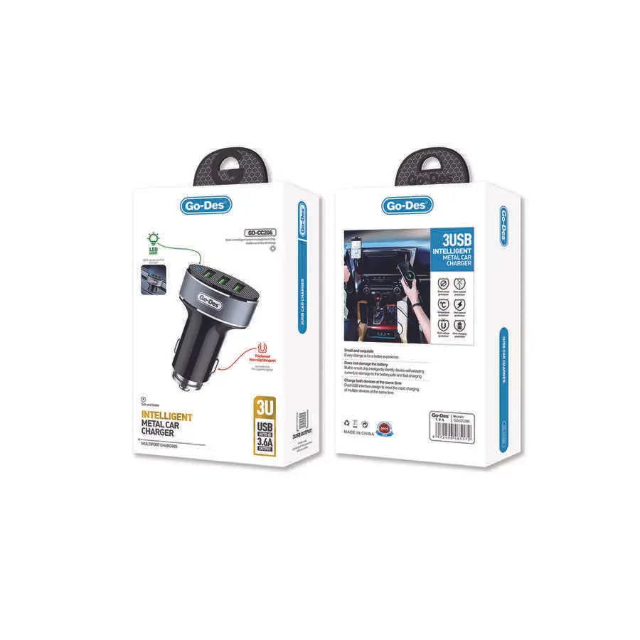 Go Des GD-CC206 3 USB Çıkışlı LED Işıklı Metal Araç Şarj Cihazı, 3.6A
