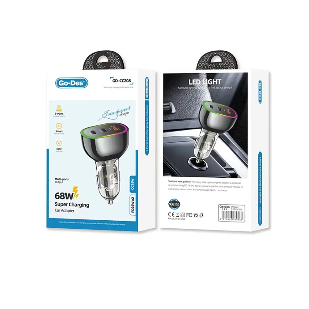 Go Des GD-CC208 68W Araç Şarj Aleti, Çift Type-C ve USB-A