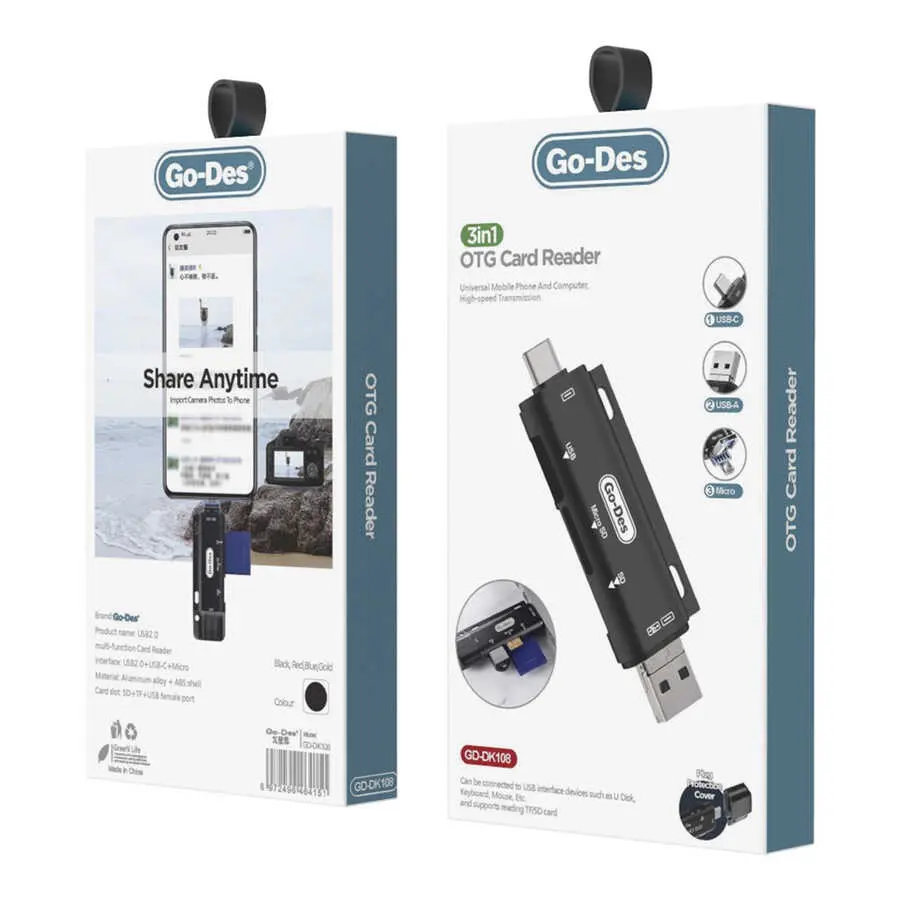 Go Des GD-DK108 3'ü 1 Arada OTG Hafıza Kart Okuyucu, Type-C Micro USB