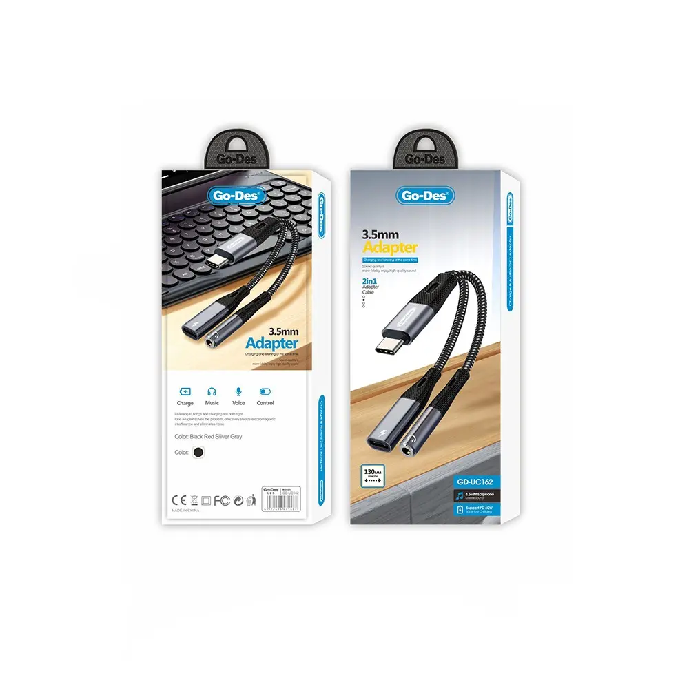Go Des GD-UC162 3.5mm Jack Girişli Type-C 2in1 Şarj ve Ses Kablosu