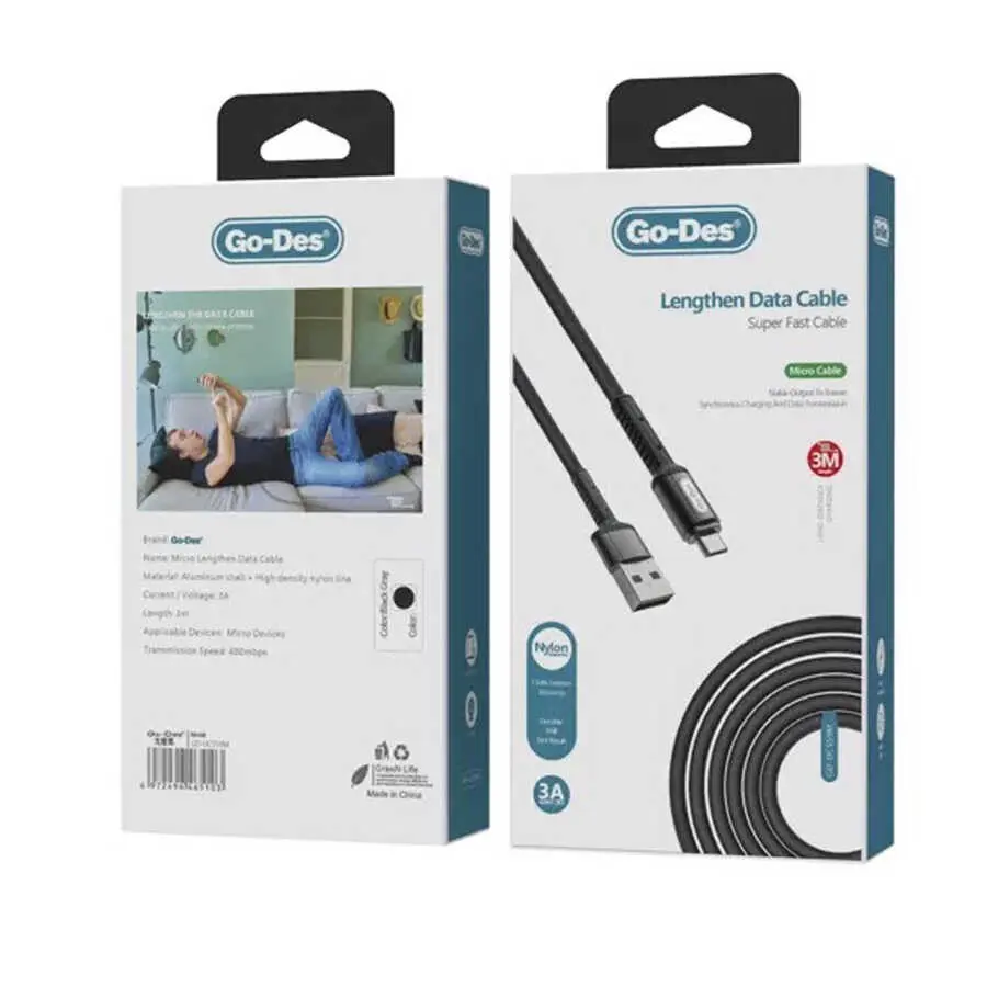 Go Des GD-UC559 Micro USB Şarj ve Data Kablosu, 3 m, 3A