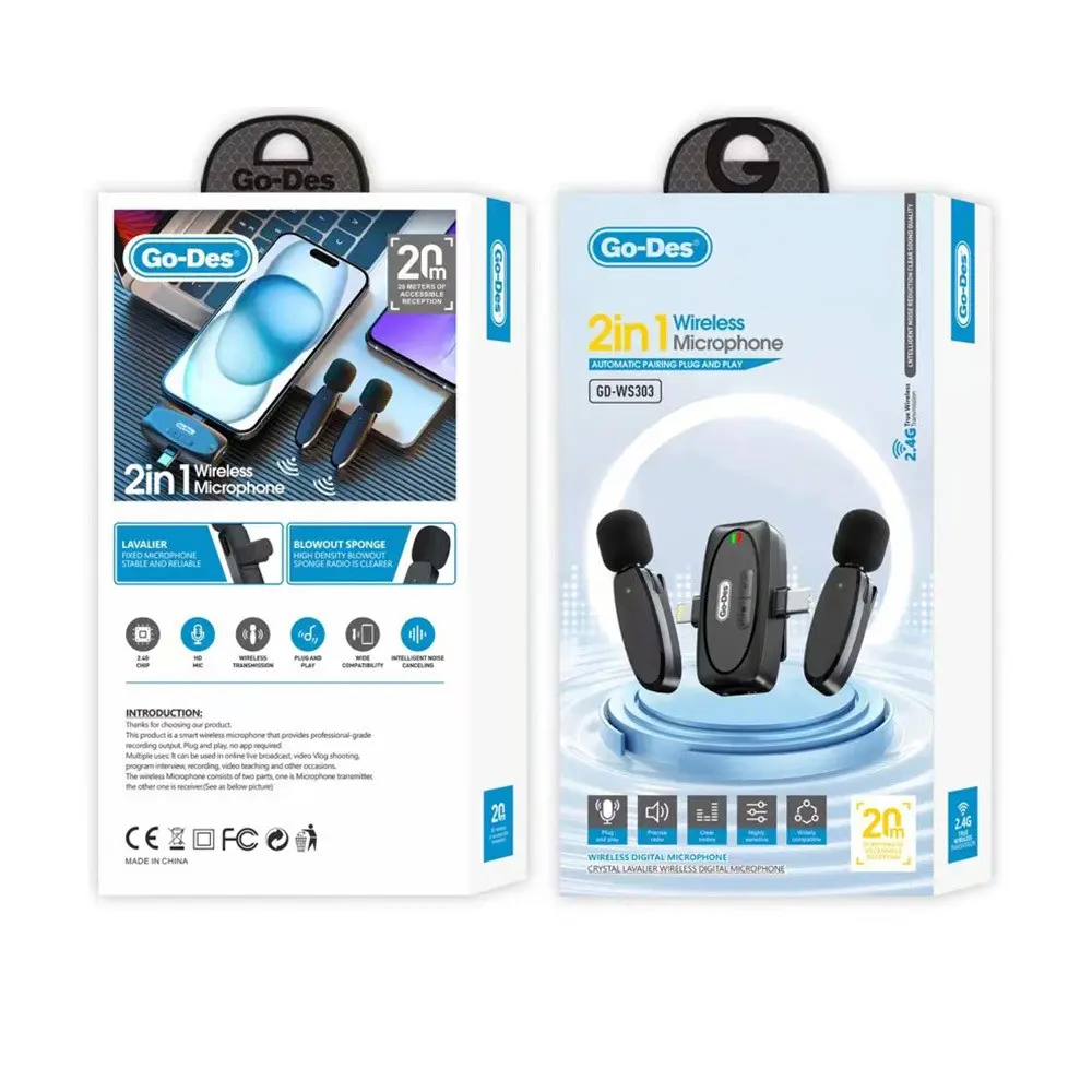 Go Des GD-WS303 Kablosuz Yaka Mikrofonu, Type-C ve Lightning