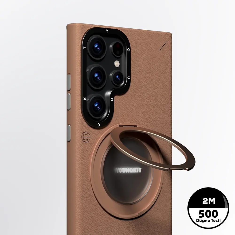 Galaxy S23 Ultra MagSafe Uyumlu 360° Standlı Mat Deri Kılıf - Youngkit Tech Leather
