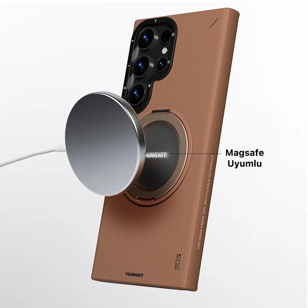 Galaxy S23 Ultra MagSafe Uyumlu 360° Standlı Mat Deri Kılıf - Youngkit Tech Leather