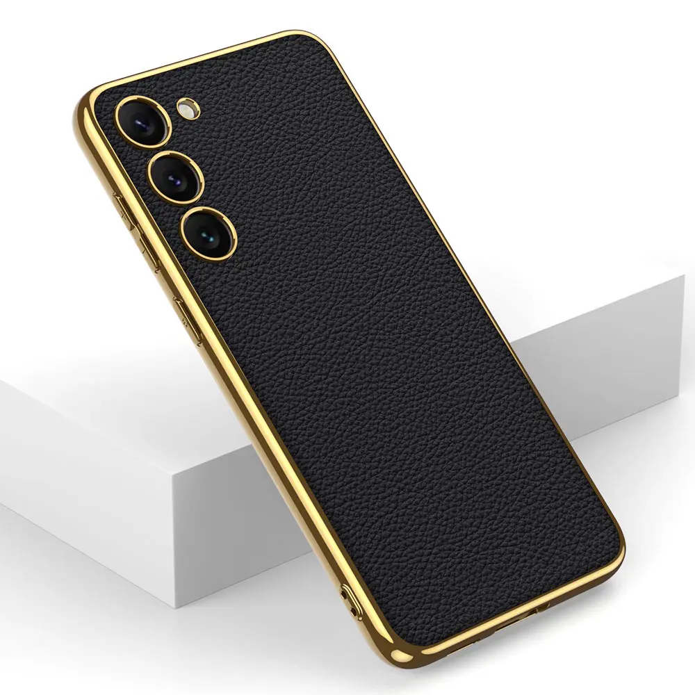 Galaxy S23 Plus Deri Görünümlü Elektroplating Kenarlı Kılıf - Zore Fizyon