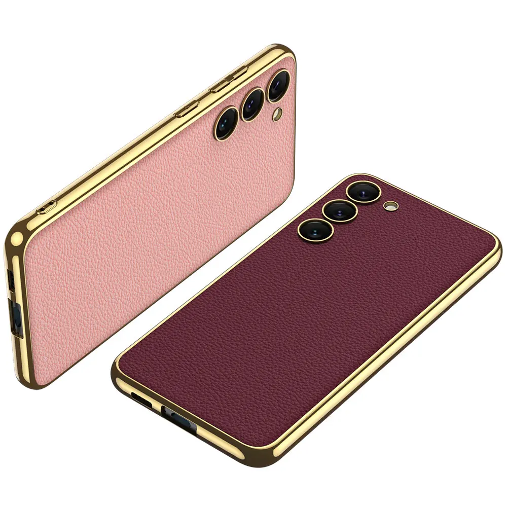 Galaxy S23 Plus Deri Görünümlü Elektroplating Kenarlı Kılıf - Zore Fizyon