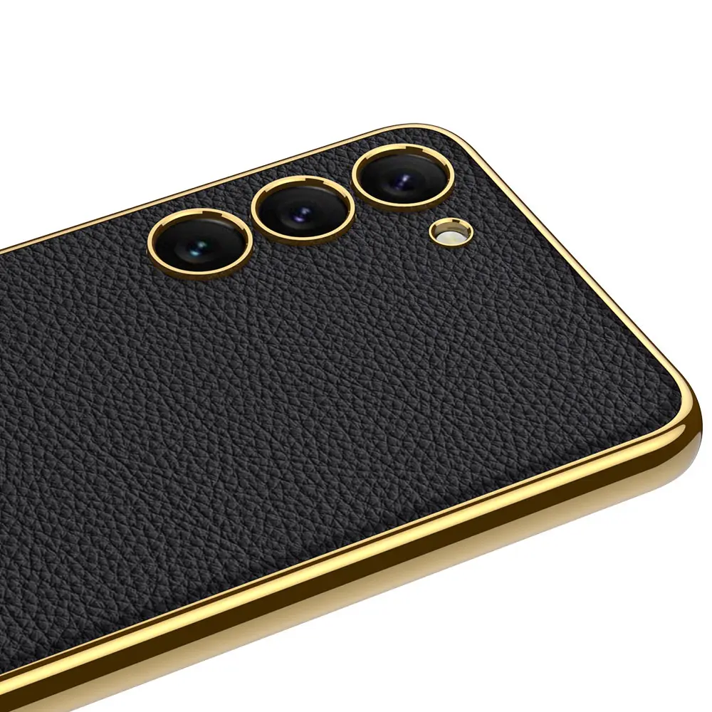 Galaxy S23 Plus Deri Görünümlü Elektroplating Kenarlı Kılıf - Zore Fizyon