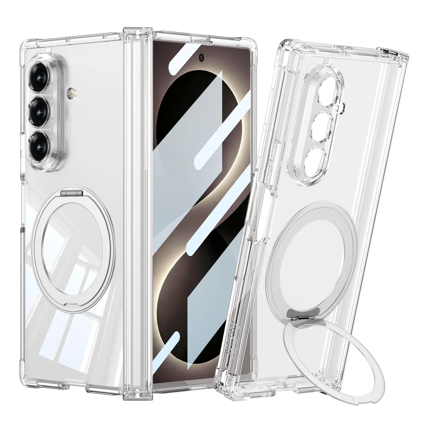 Galaxy Z Fold 8 Ultra Kılıf M-safe Şarj Özellikli Zore Kıpta KPT-09 Ring Standlı Şeffaf Sert PC Kapak